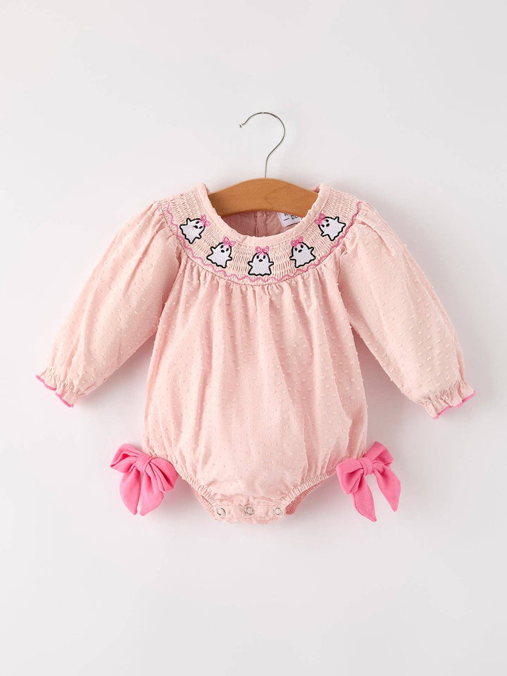 Rylee Faith Designs - Autumn Halloween Light Pink Ghost Embroidery Smock Floral Girls Romper: 12M