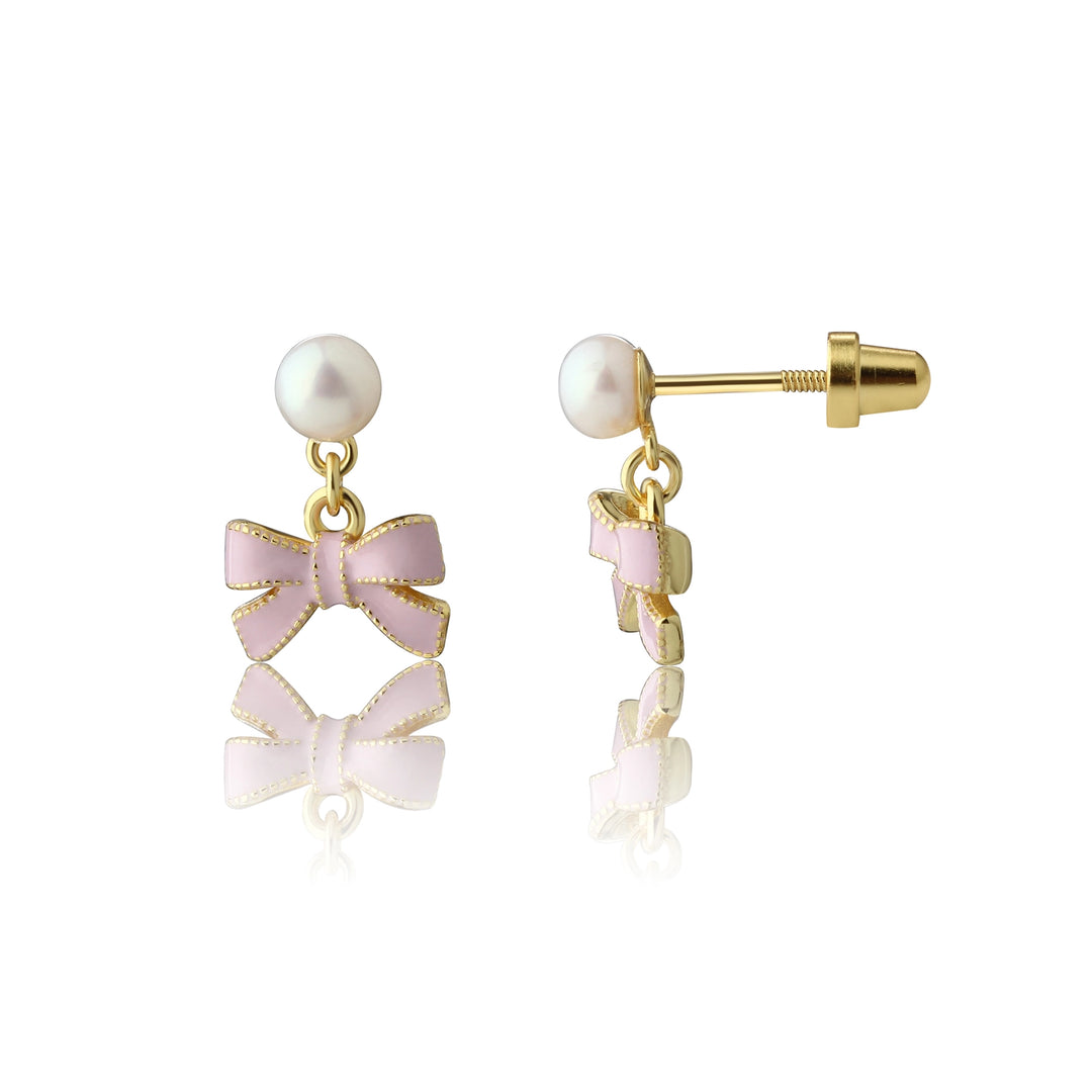 14k-Gold Plated Girl Pink Bow Pearl Earrings