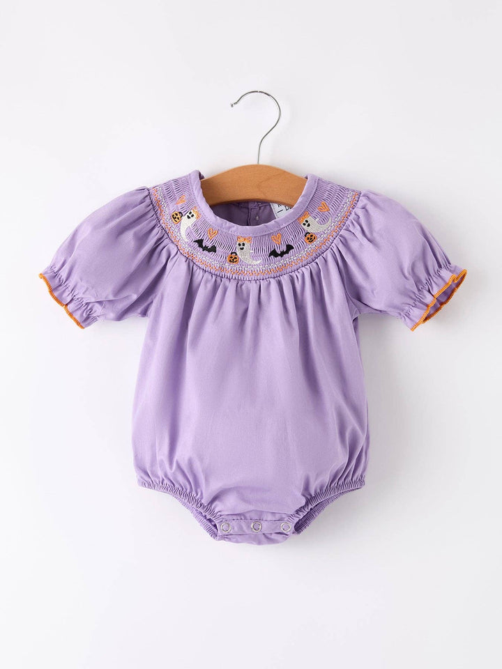Purple Batty Ghost Smocked Embroidered Romper