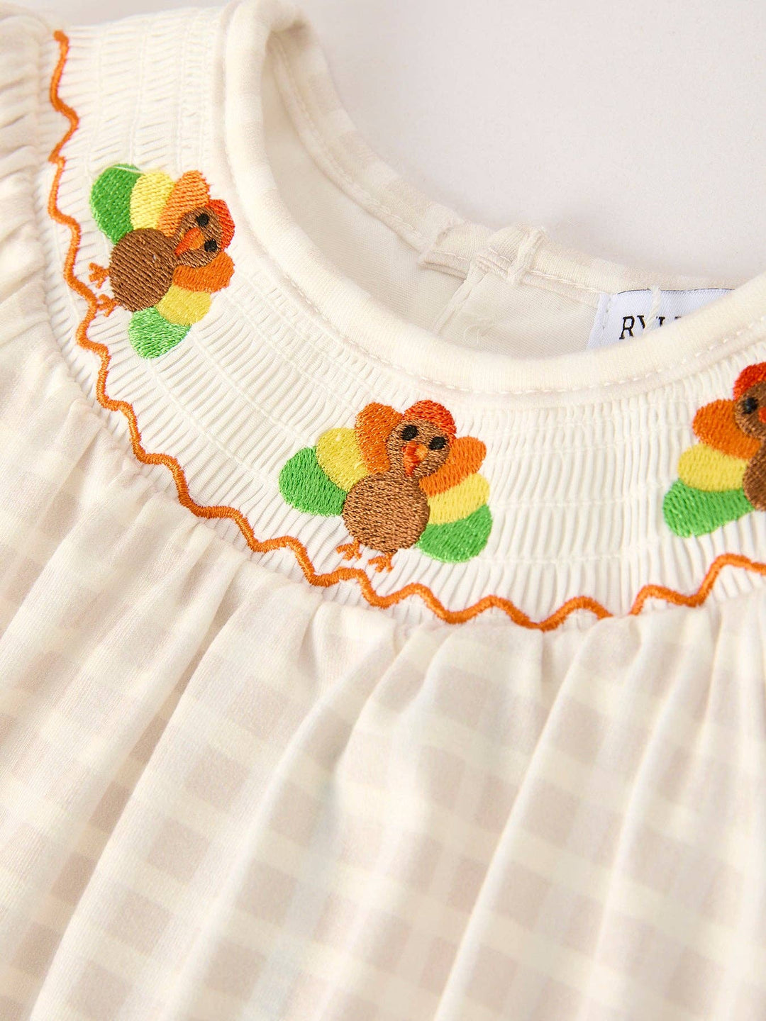 Rylee Faith Designs - Fall Thanksgiving Apricot Plaid Turkey Embroidery Smocking Baby Girls Romper: 18M