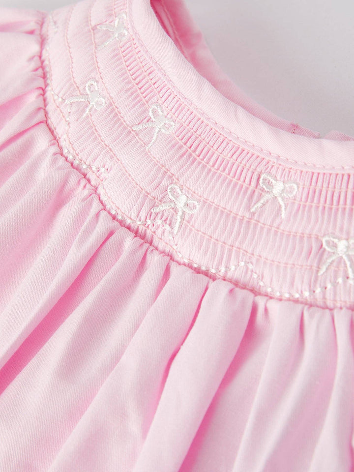 White Bow Smocked Embroidered Pink Romper