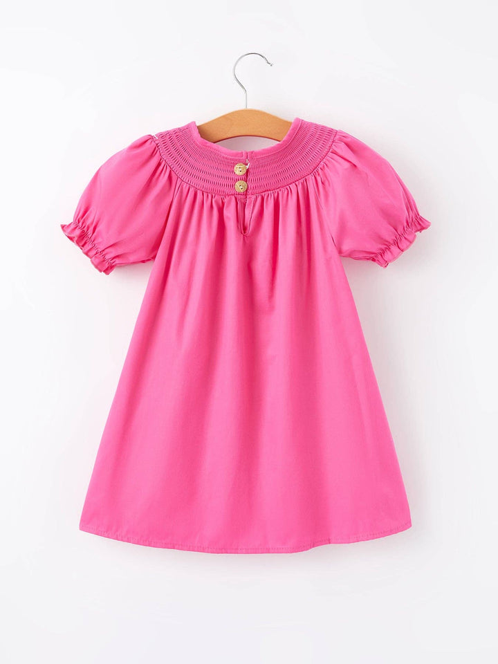 Bow Smocked Embroidered Hot Pink Dress