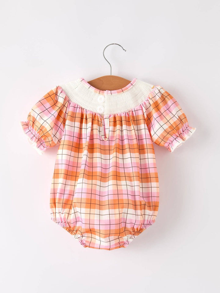 Pumpkin Bow Ghost Smocked Embroidered Plaid  Romper