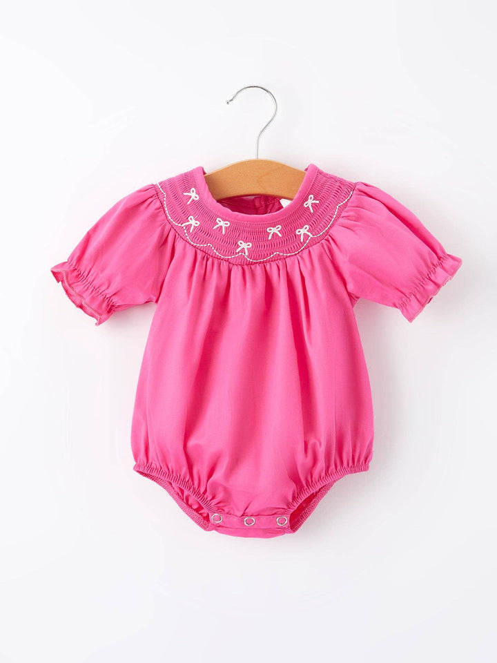 Bow Smocking Embroidered Hot Pink Romper