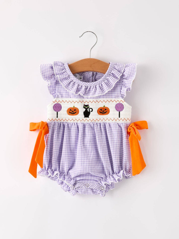 Rylee Faith Designs - Fall Halloween Purple Balloon Pumpkin Cat Smock Embroidery Baby Girl Romper: 3M