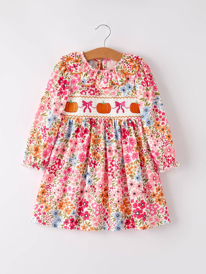 Rylee Faith Designs - Halloween Pumpkin Bow Smock Embroidered Floral Dress: 5