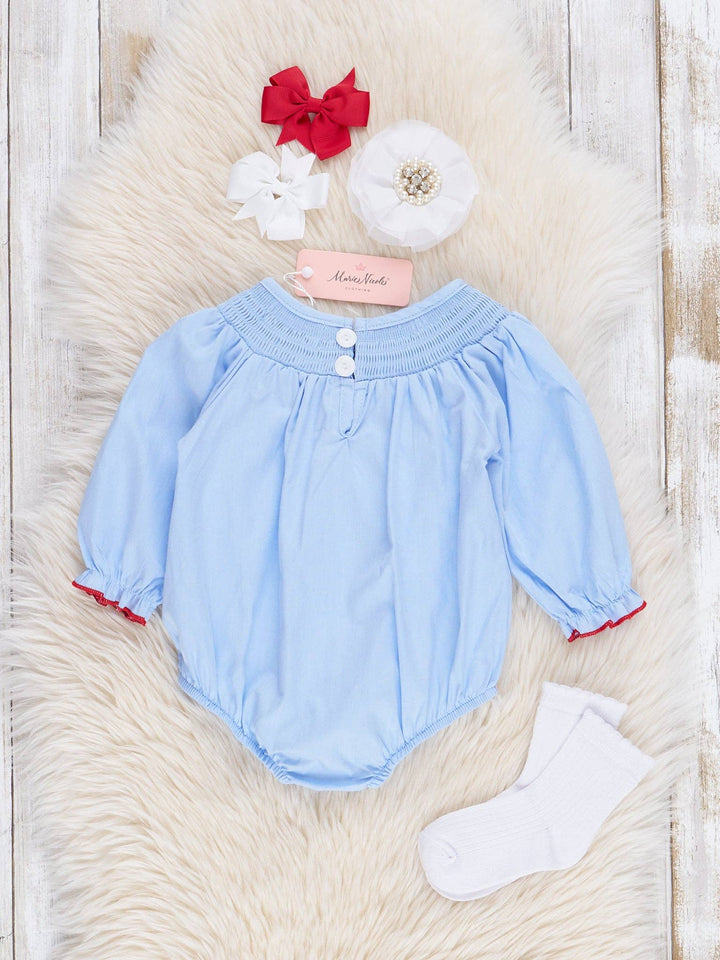 Marie Nicole Clothing - Blue Chambray Smocked Santas Ruffle Bubble: 3/6MOS