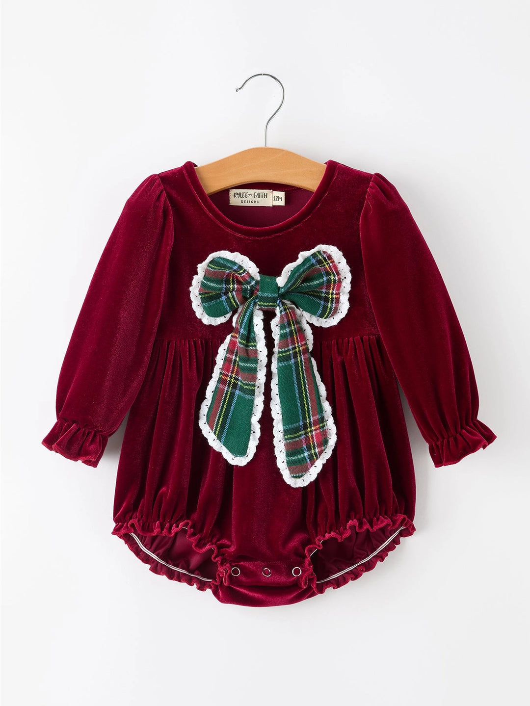 Baby Girls Christmas Burgundy Velvet Plaid Bow Romper- ETA October.24