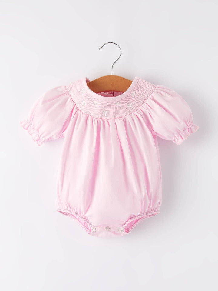 White Bow Smocked Embroidered Pink Romper