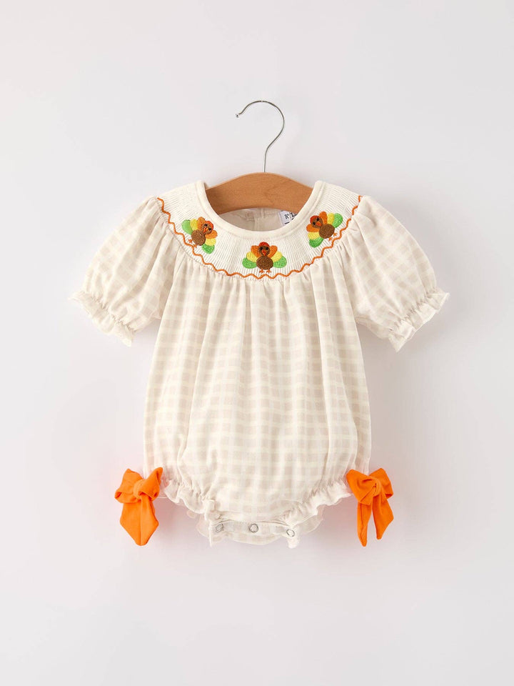 Rylee Faith Designs - Fall Thanksgiving Apricot Plaid Turkey Embroidery Smocking Baby Girls Romper: 18M