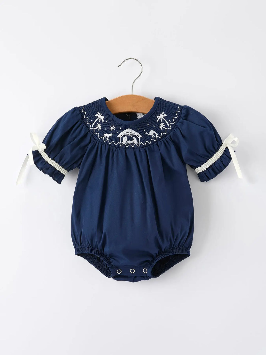 Navy Blue Nativity Smocking Embroidered Baby Girls Christmas Romper- ETA SEPT.