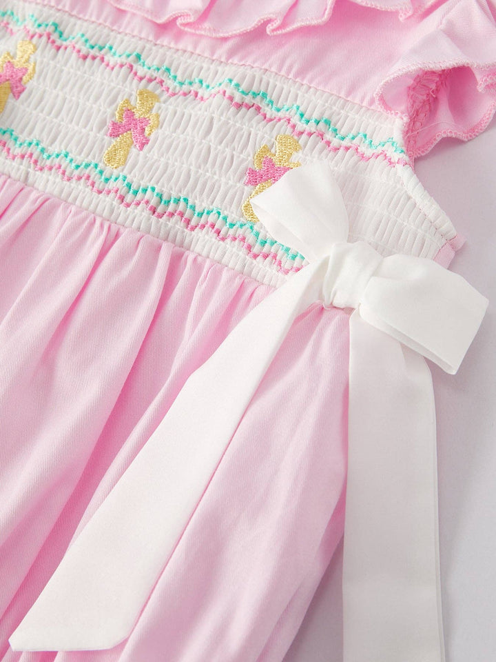 Smocked Embroidered Ruffles Pink Romper