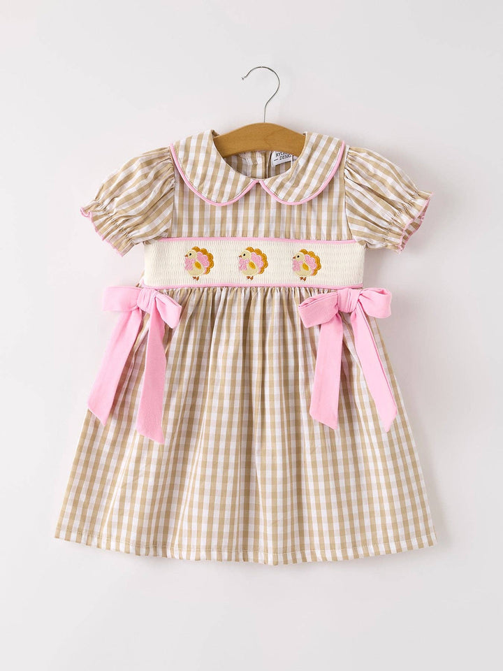 Rylee Faith Designs - Fall Thanksgiving Lapel Plaid Chick Embroidery Smocking Bow Baby Girls Dress: 2