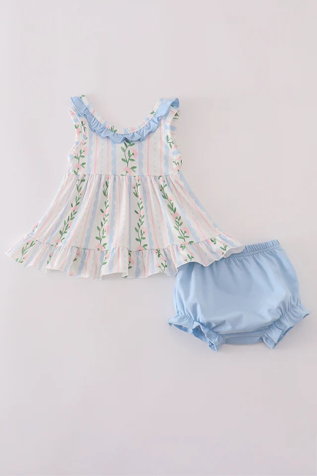 Blue floral print ruffle bloomer set