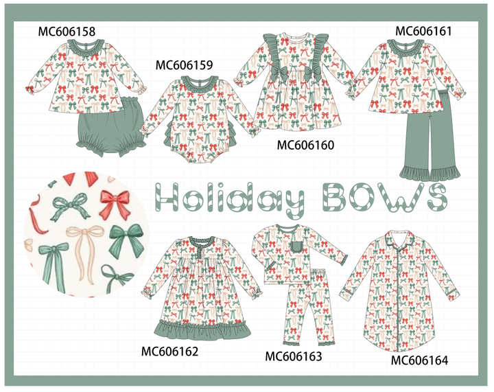 PO95 Green holiday bow print ruffle collection- ETA December