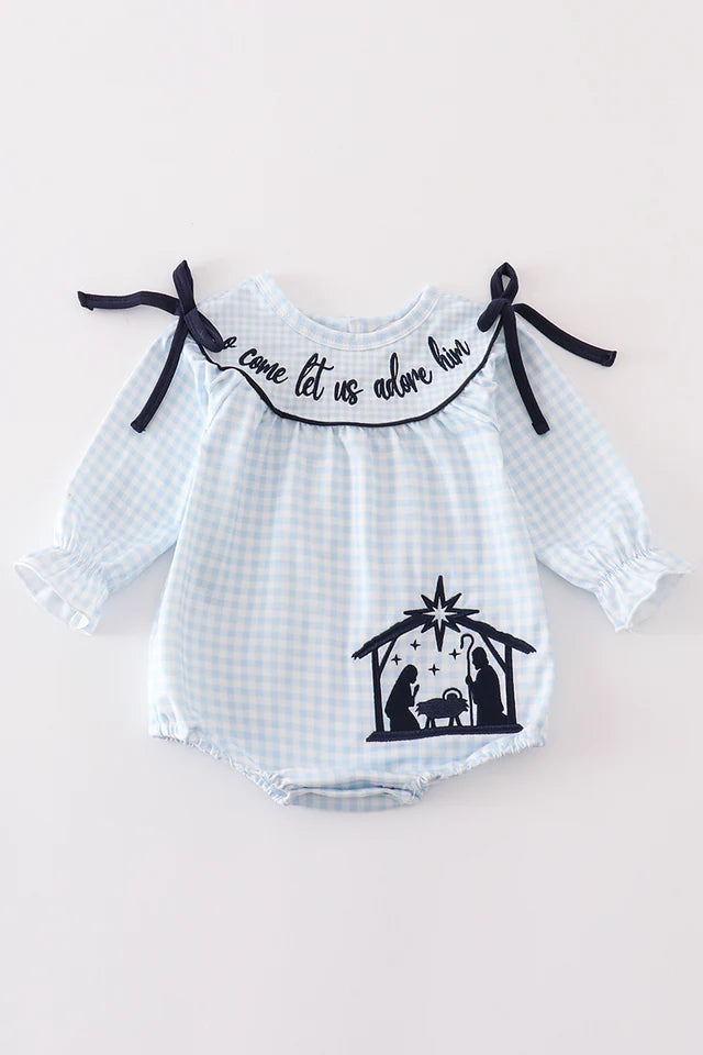 O' Come let us adore him Baby Girls Gingham Bubble