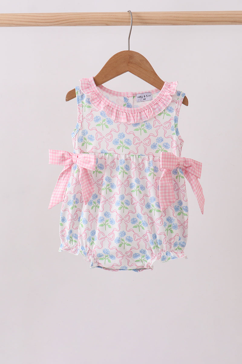 Pink hydrangea bow print girl ruffle bubble