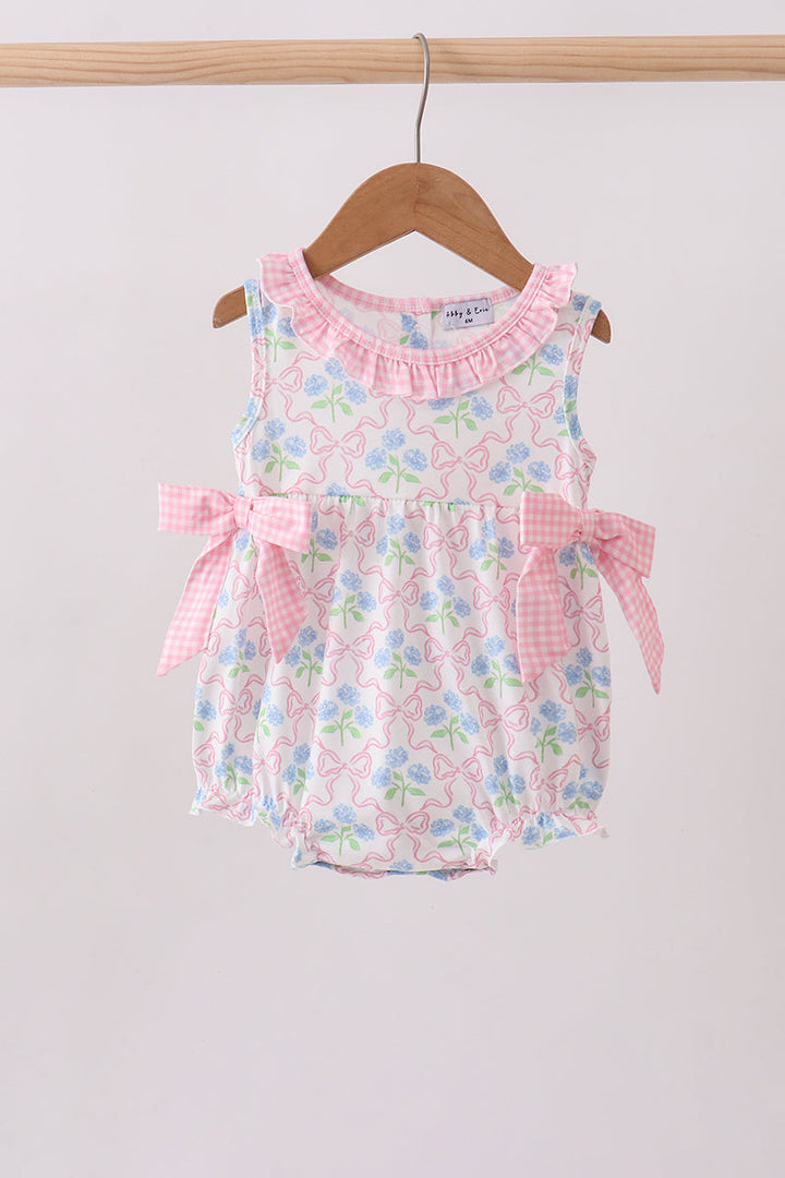 Pink hydrangea bow print girl ruffle bubble