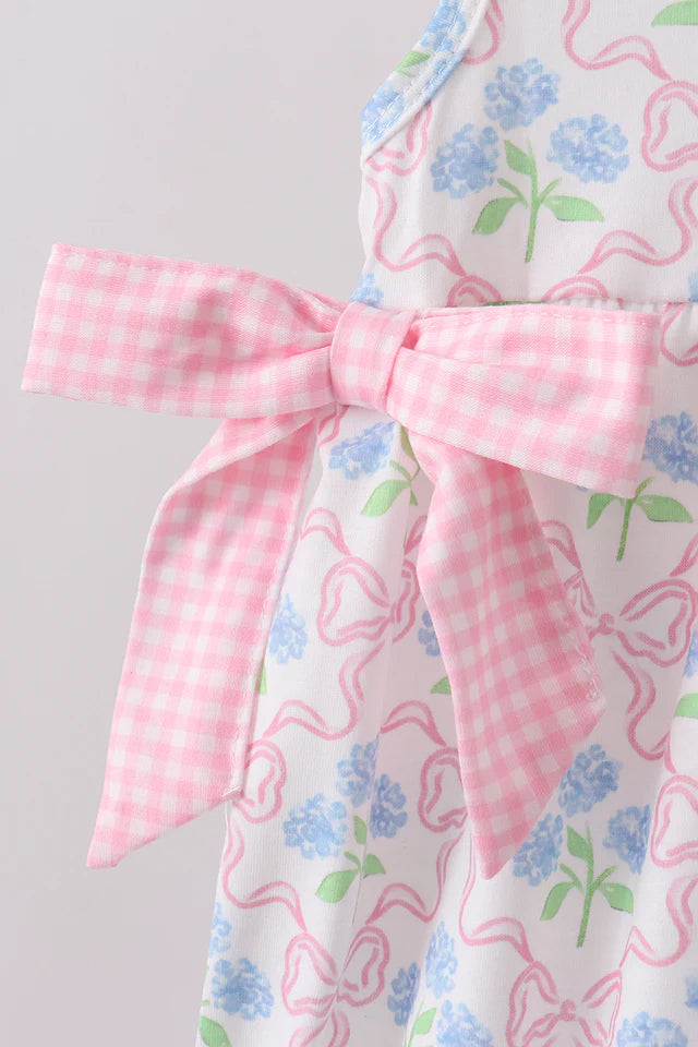 Pink hydrangea bow print girl ruffle bubble