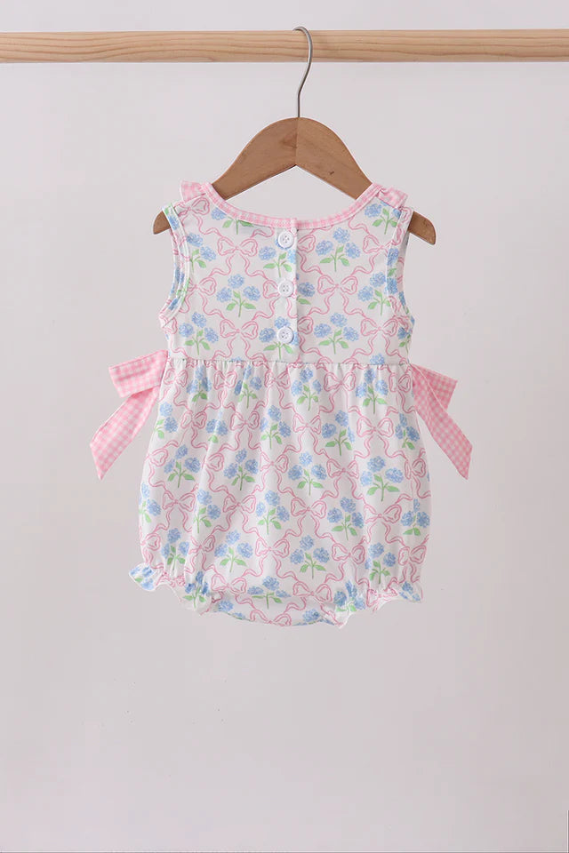 Pink hydrangea bow print girl ruffle bubble