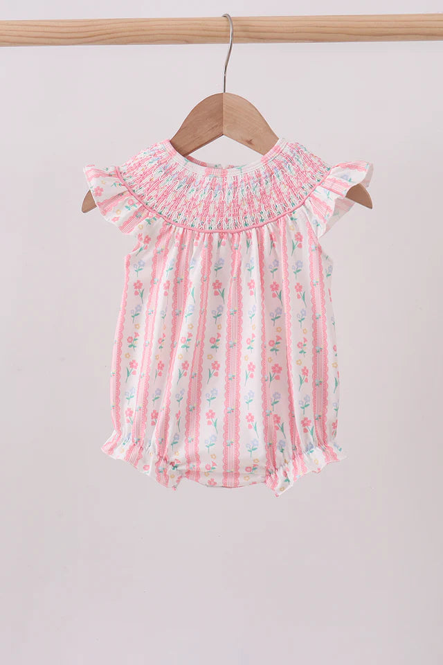 Blush floral smocked girl ruffle bubble