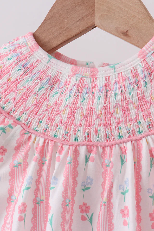 Blush floral smocked girl ruffle bubble