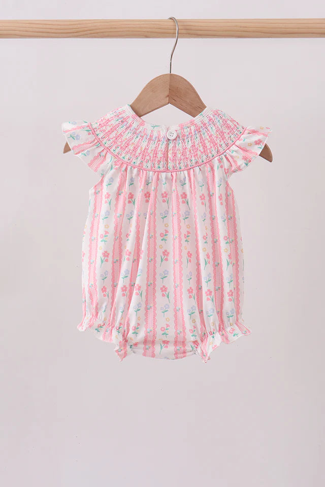 Blush floral smocked girl ruffle bubble
