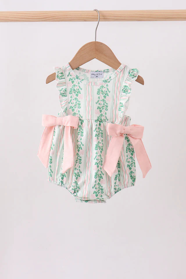Green floral stripe bow girl ruffle bubble