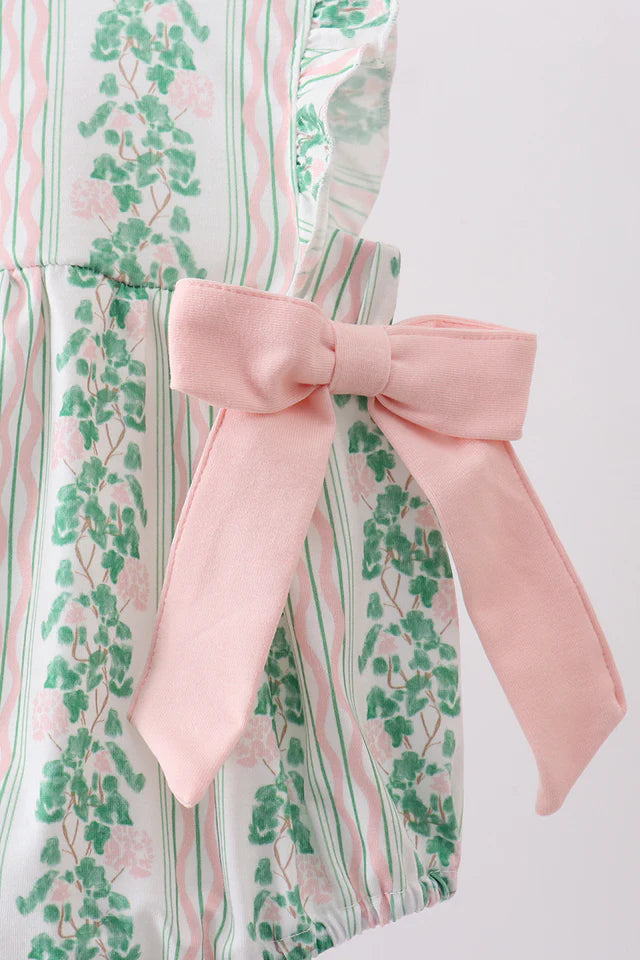 Green floral stripe bow girl ruffle bubble