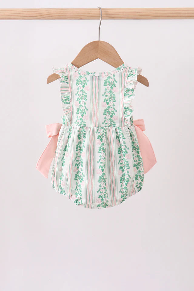 Green floral stripe bow girl ruffle bubble