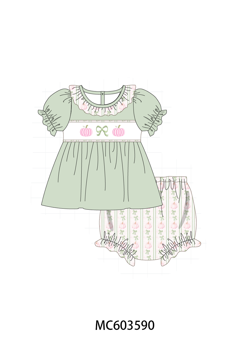 PO85 Sage pumpkin bow embroidery stripe ruffle collection- ETA Sept