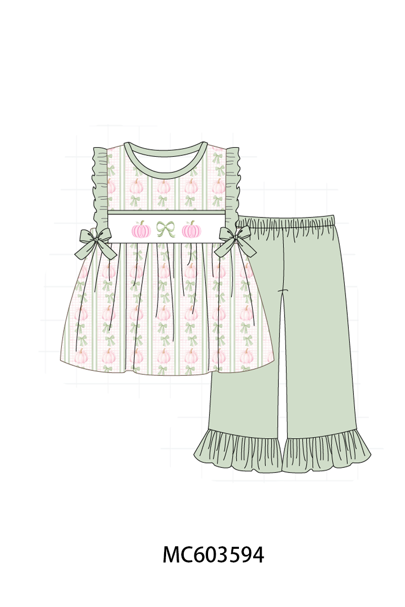 PO85 Sage pumpkin bow embroidery stripe ruffle collection- ETA Sept
