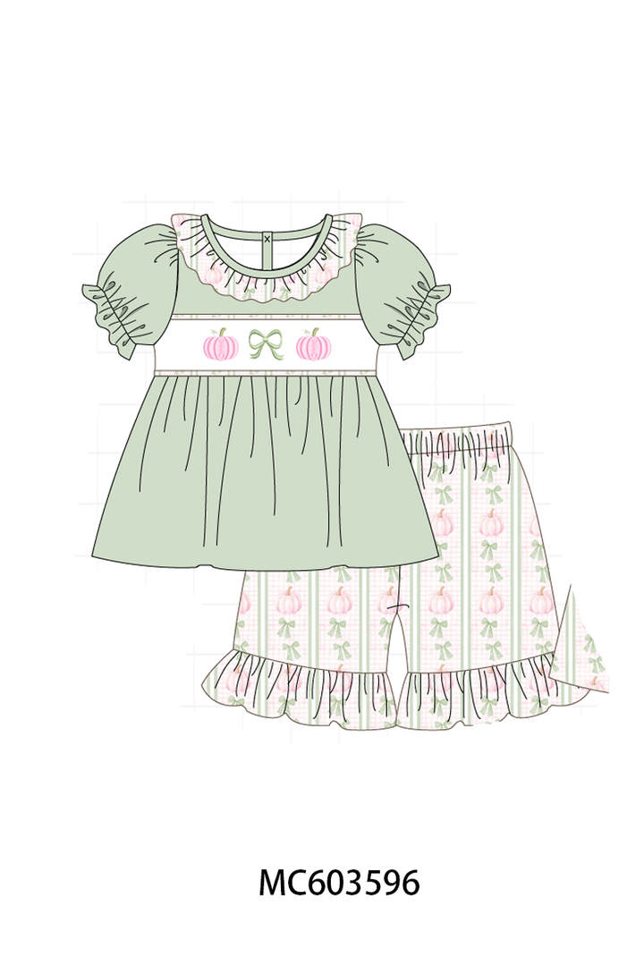 PO85 Sage pumpkin bow embroidery stripe ruffle collection- ETA Sept