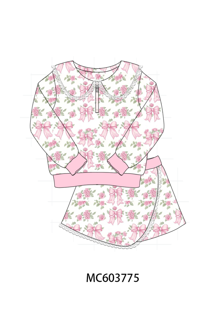 PO85 Pink bow floral print lace skorts set collection- ETA Sept