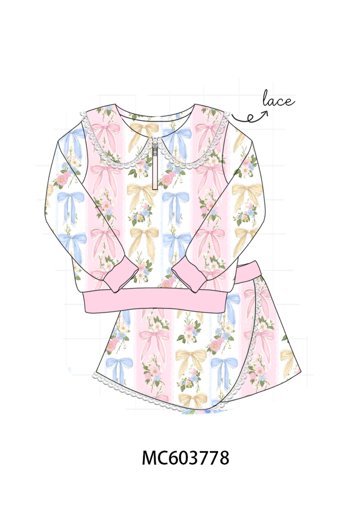 PO85 Pink bow floral print lace skorts set collection- ETA Sept