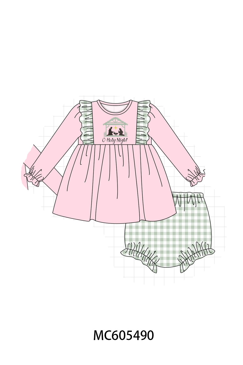 PO93 Pink&navy nativity embroidery ruffle gingham collection- ETA December