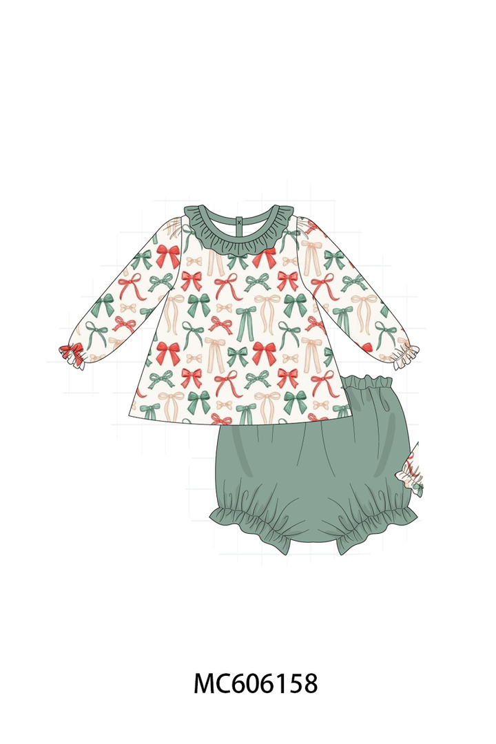 PO95 Green holiday bow print ruffle collection- ETA December