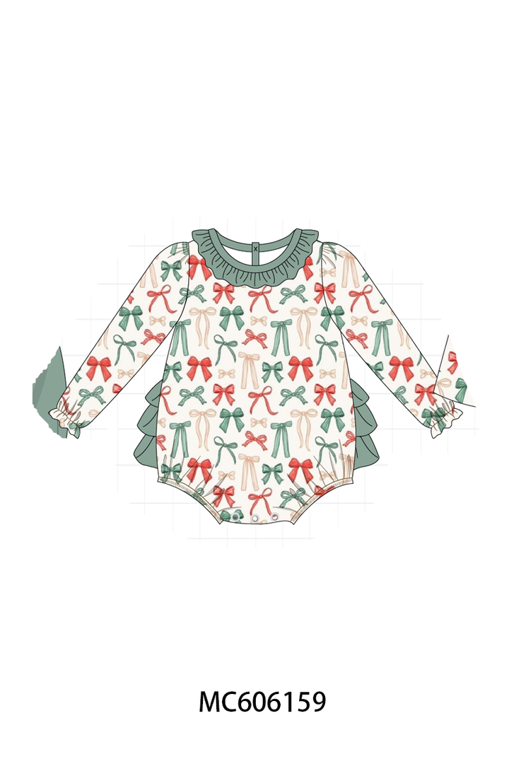 PO95 Green holiday bow print ruffle collection- ETA December