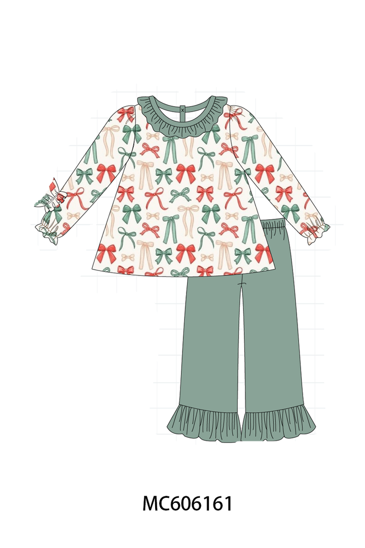 PO95 Green holiday bow print ruffle collection- ETA December