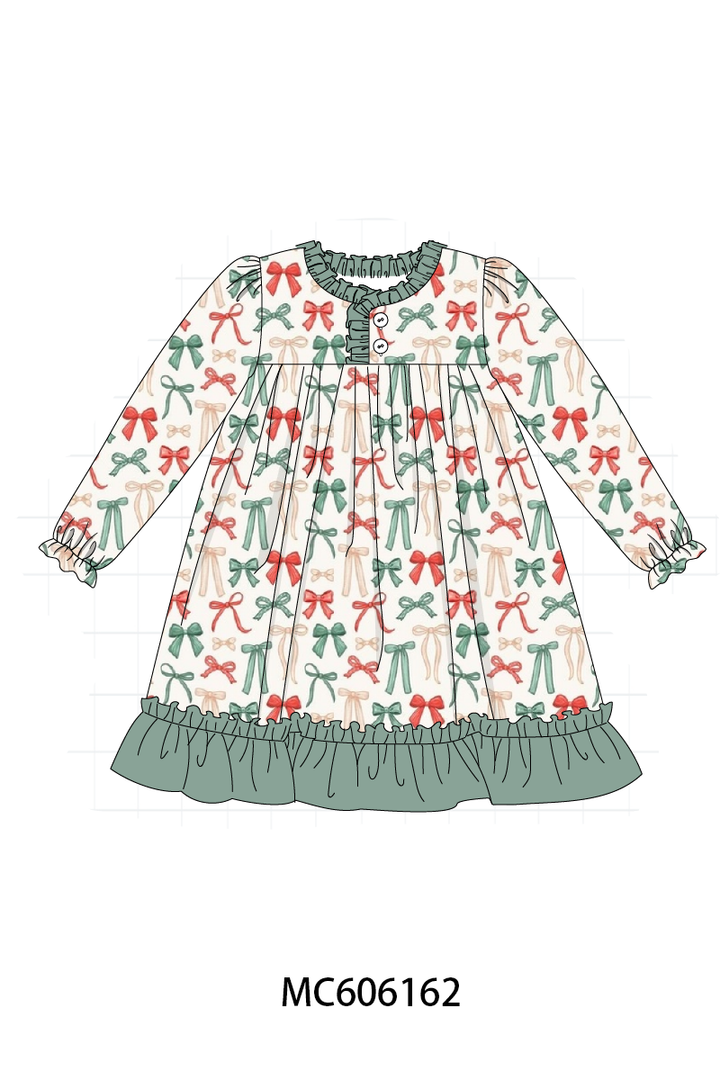 PO95 Green holiday bow print ruffle collection- ETA December