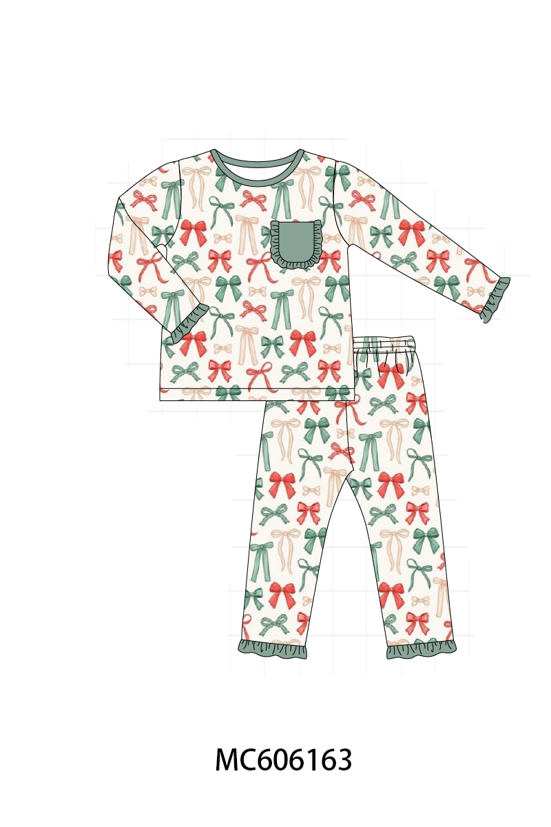 PO95 Green holiday bow print ruffle collection- ETA December