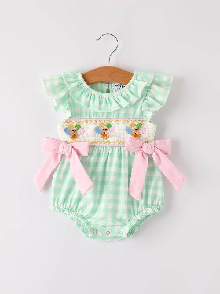 Rylee Faith Designs - Fall Thanksgiving Green Chicken Smock Embroidered Plaid Baby Girls Romper: 12M