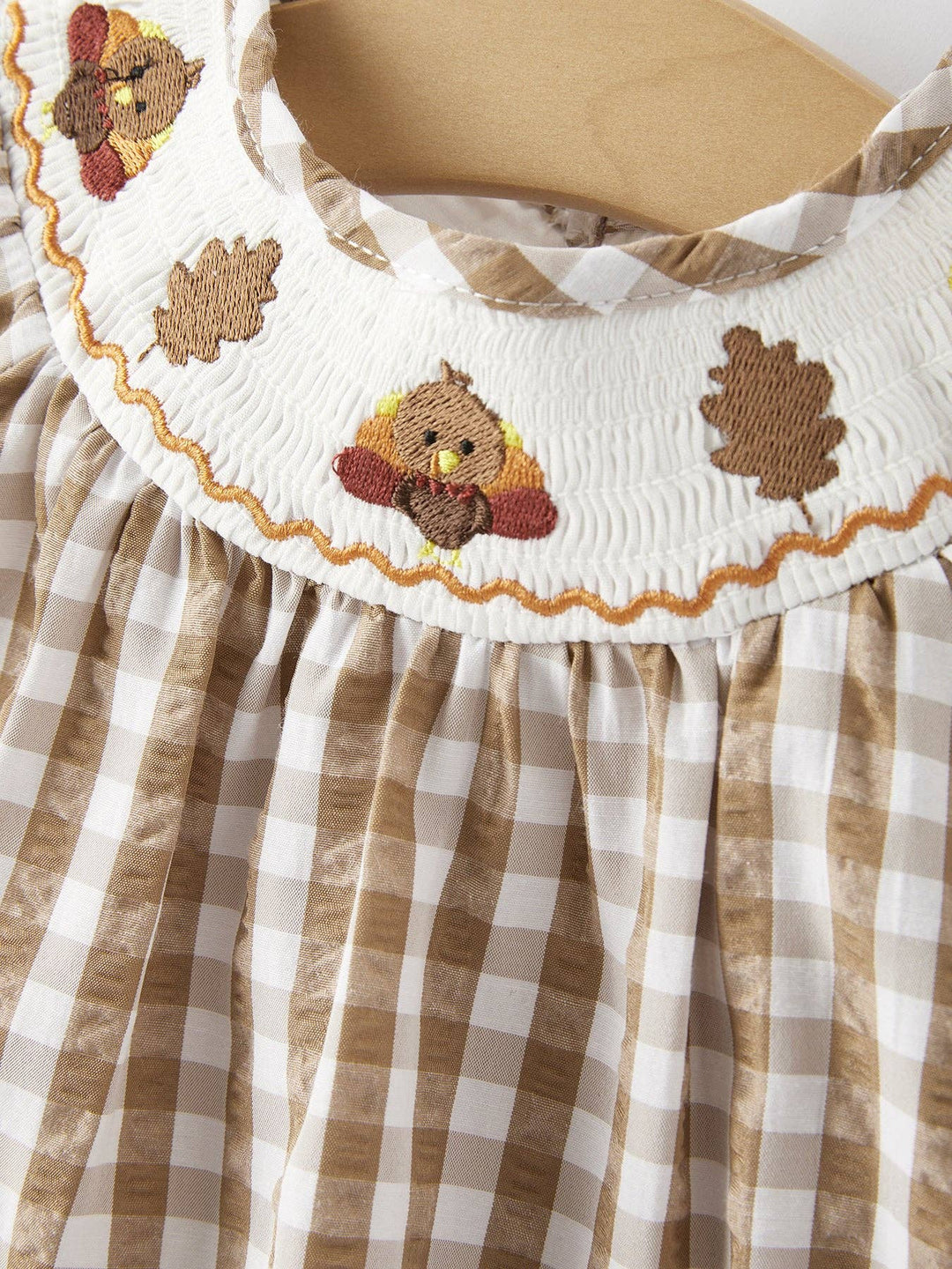 Rylee Faith Designs - Girls Thanksgiving Smocking Embroidered Brown Plaid Romper: 12M