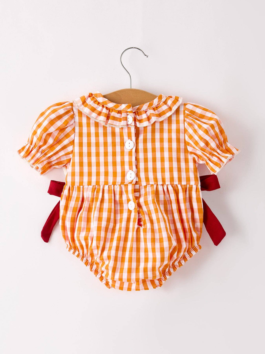 Rylee Faith Designs - Fall Embroidered Romper for Baby Girls – Orange Checkered with Halloween Details: 18M