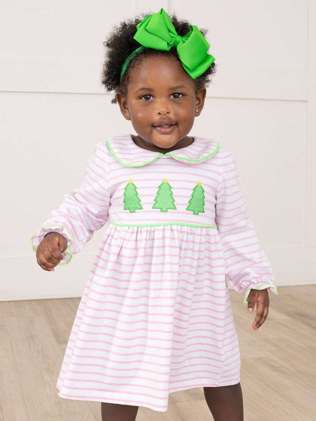 Marie Nicole Clothing - Lime & Pink Embroidered Christmas Trees Dress: XL(5yrs)