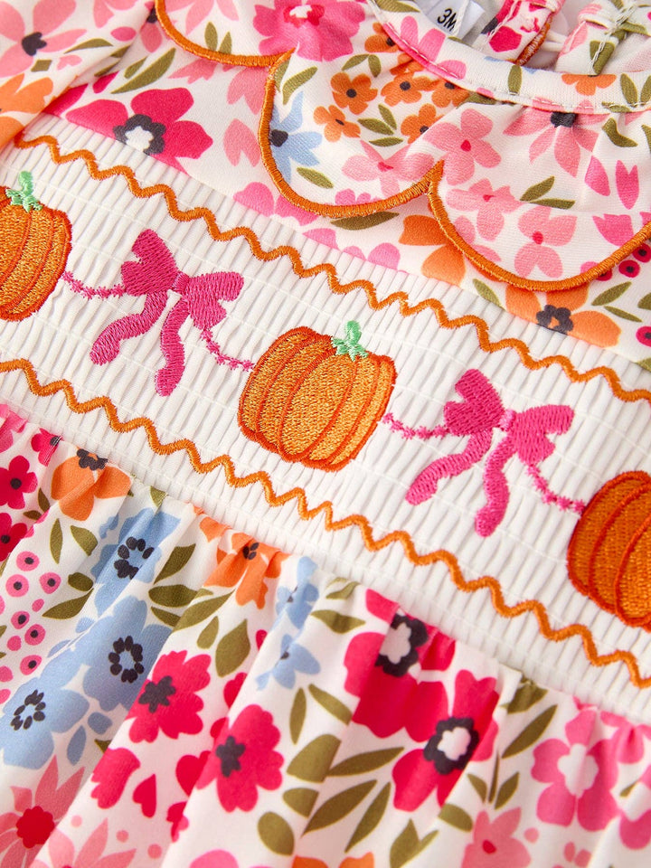 Pumpkin Bow Smocked Embroidered Floral Romper