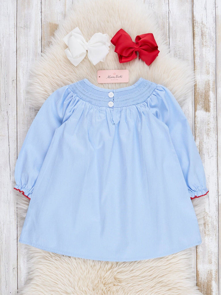 Marie Nicole Clothing - Blue Chambray Smocked Santas Ruffle Dress: XXXS(6/12mos)