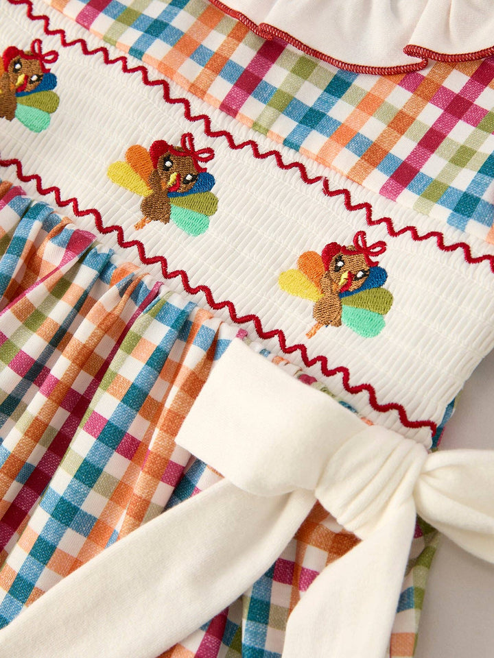 Rylee Faith Designs - Fall Thanksgiving Color Plaid Chick Embroidery Smocking Girls Dress: 3