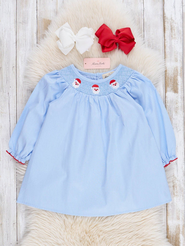 Marie Nicole Clothing - Blue Chambray Smocked Santas Ruffle Dress: XXXS(6/12mos)
