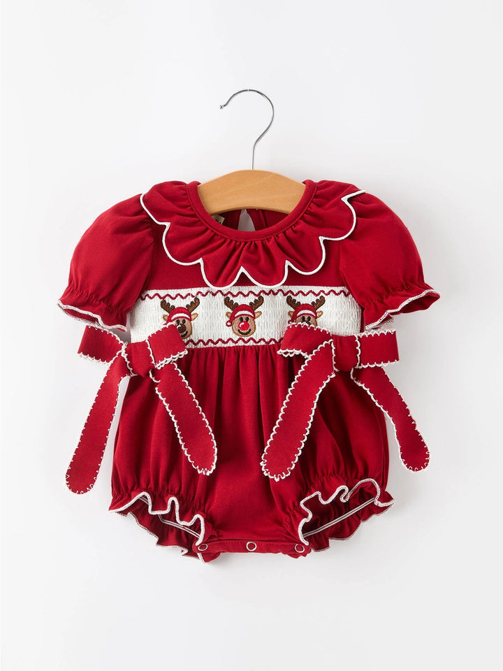 Baby Girls Christmas Reindeer Smocked Bubble Romper- ETA November